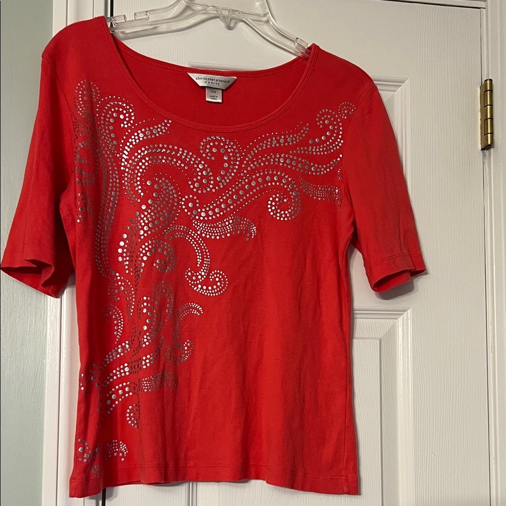 Chico's Coral Short Sleeve Top with Silver Accents